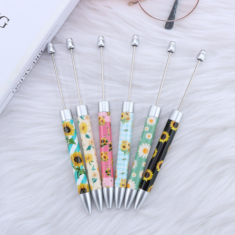 DIY long printed bead pen, national flag sunflower pattern creative cute grain bead pen plastic bead ballpoint pen