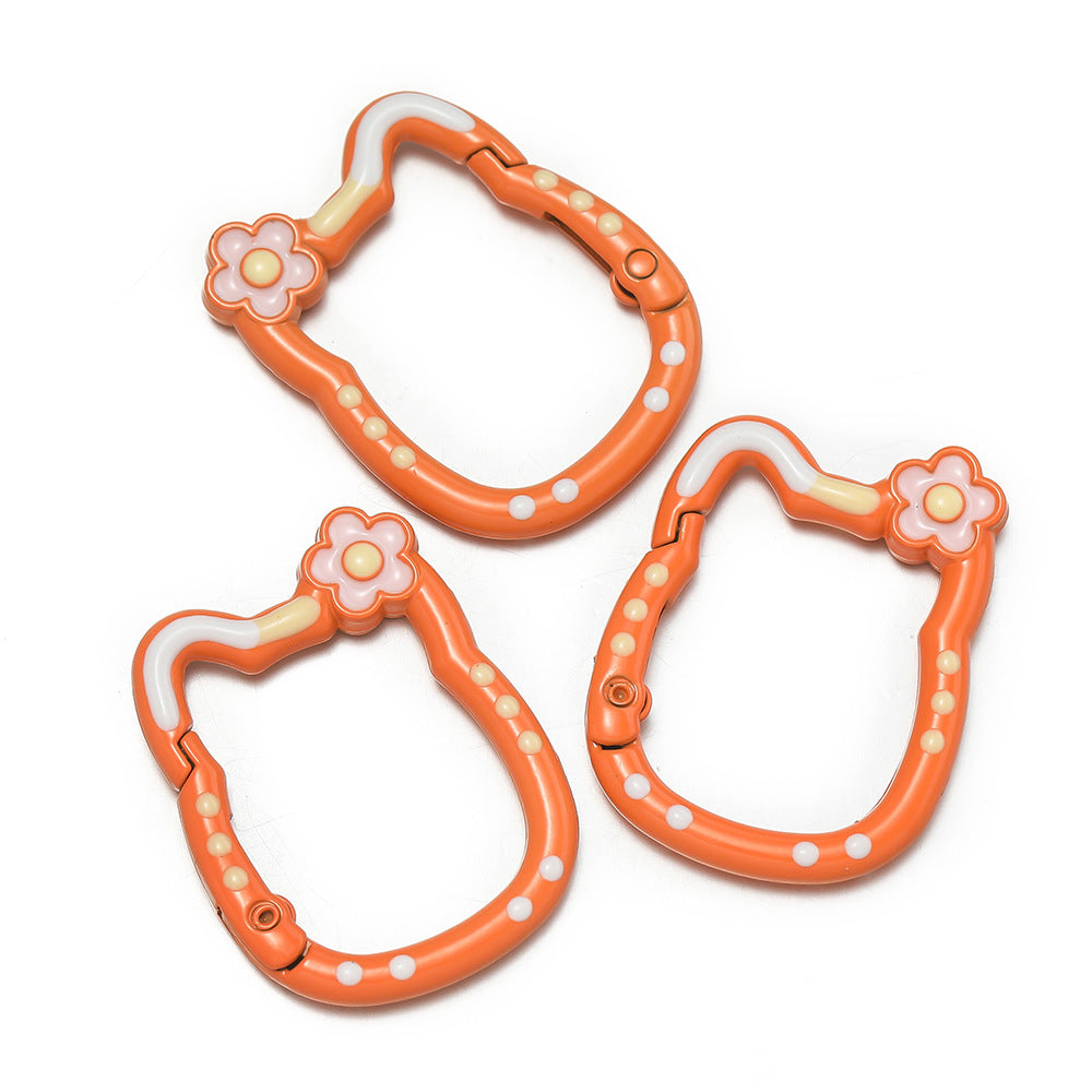 28*35mm HK Flower Head Alloy Painted Paint Kitty Cat Spring Chain Key Ring DIY Mobile Phone Pendant Bag Buckle Ring