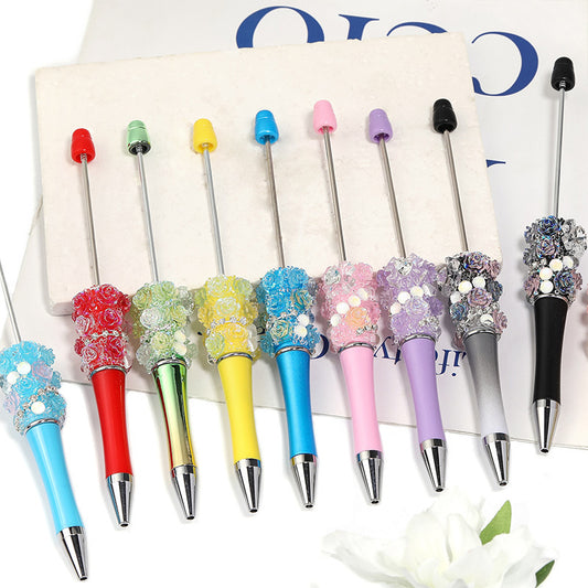 Cross-border rose bead pen wholesale creative DIY plastic beaded ballpoint pen hand sticker diamond bead pen