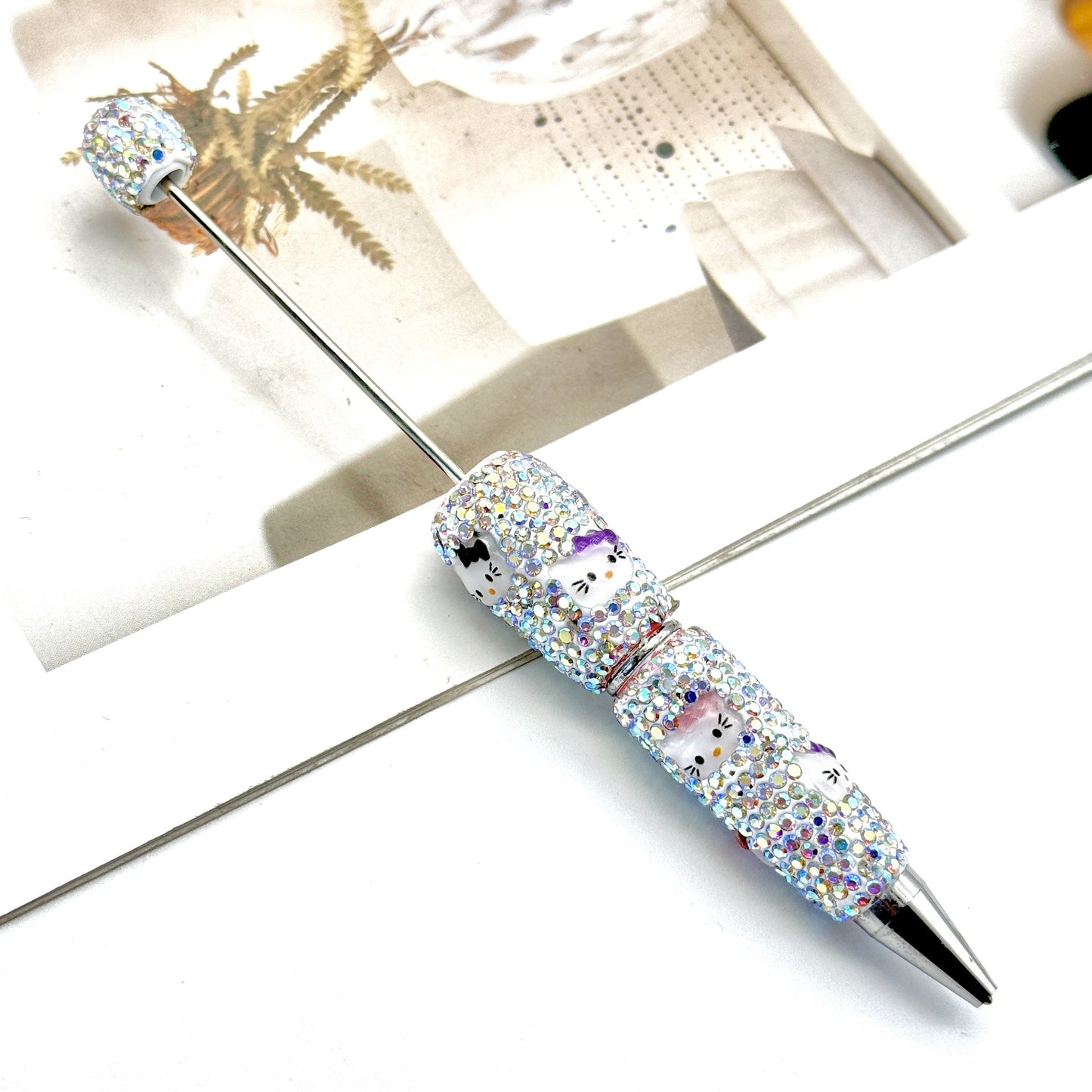 Beadable Clay Pens with Cute HK Kitten Head AB Rhinestones Covered the Entire Pen