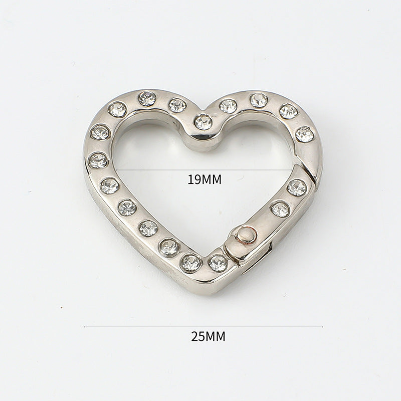 2.5 * 2.6Cm Double Side with Diamond Heart Metal Key Ring Alloy with Drill Love Spring Ring, Household Keychain Pendant Doll Bag Jewelry DIY Open Key Ring