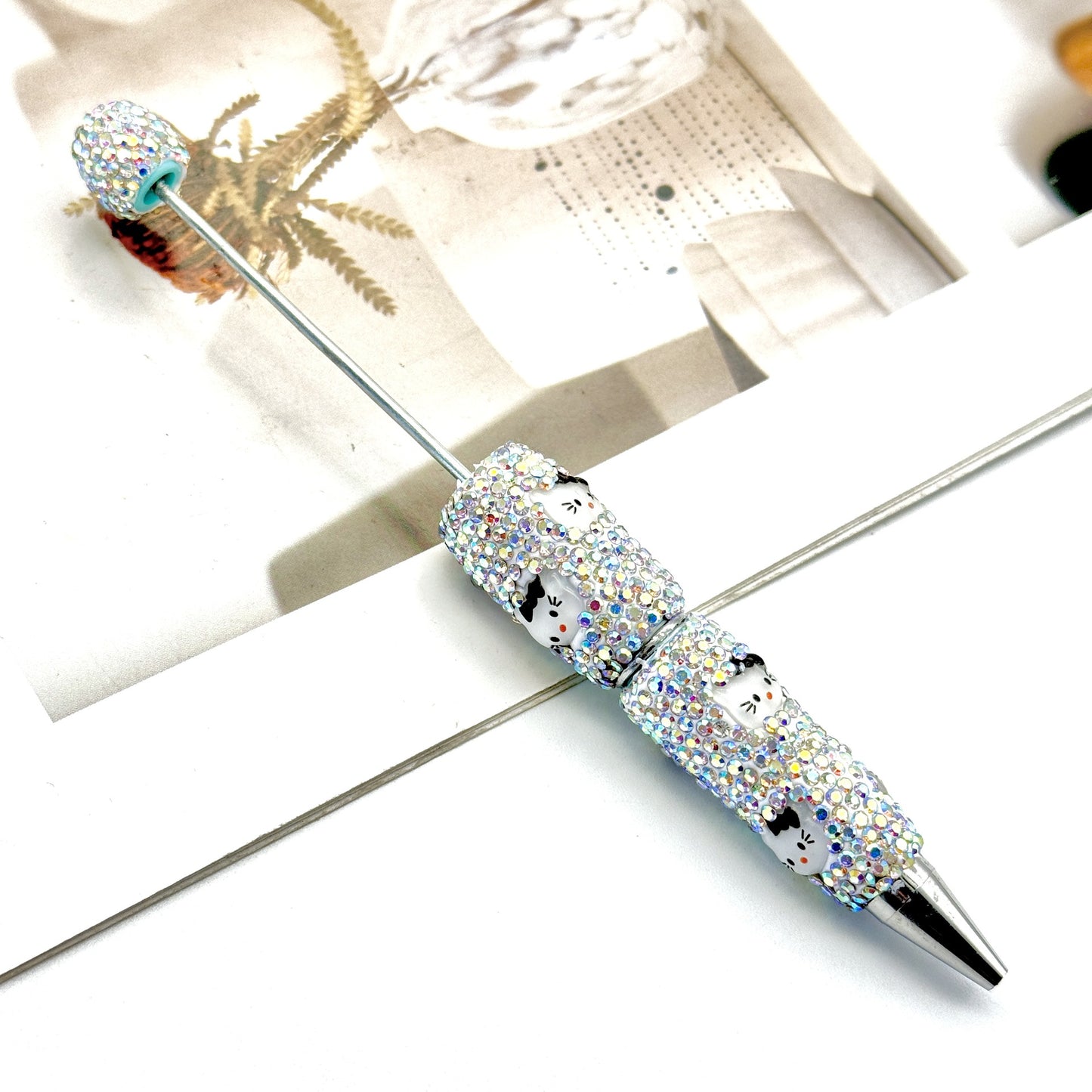 Beadable Clay Pens with Cute HK Kitten Head AB Rhinestones Covered the Entire Pen