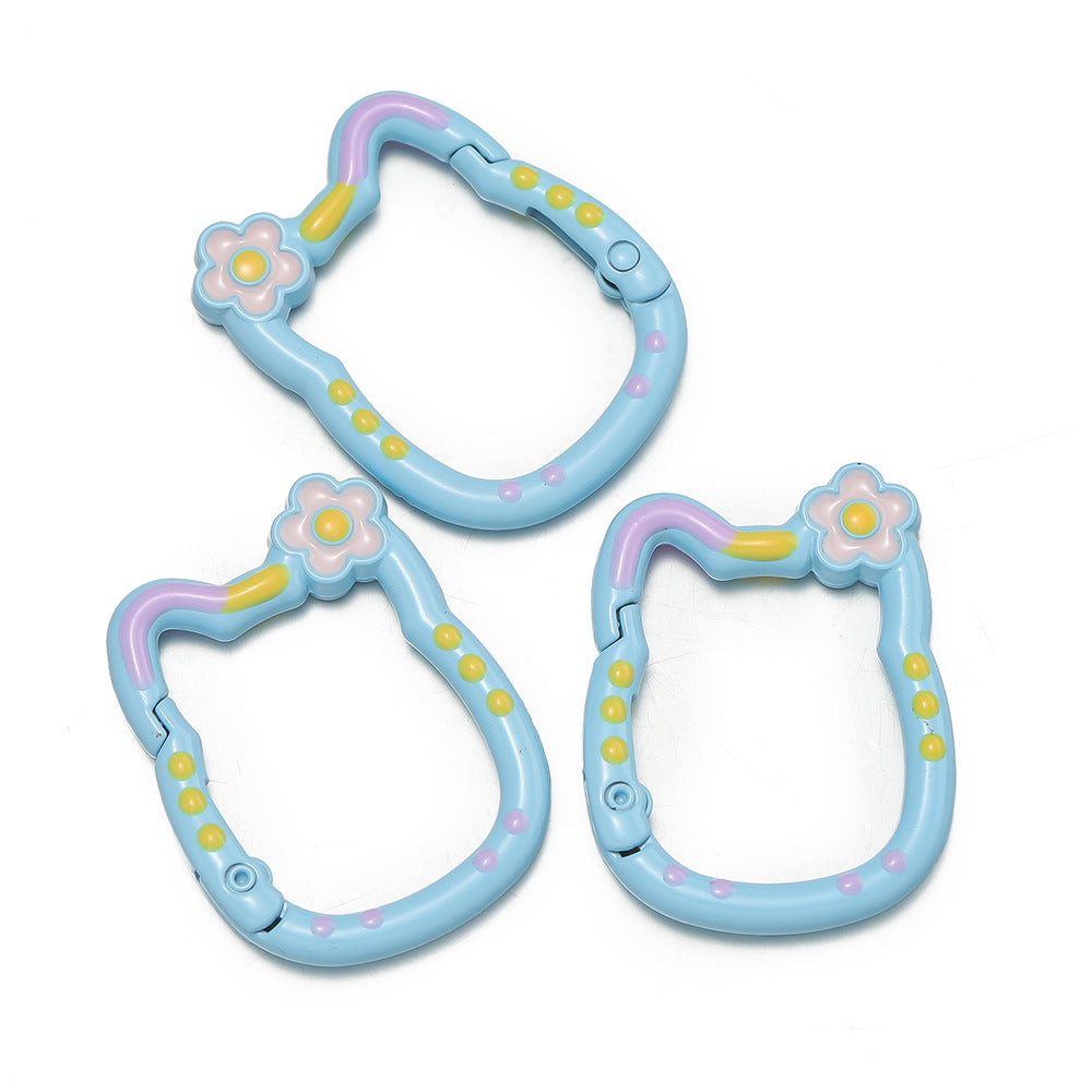 28*35mm HK Flower Head Alloy Painted Paint Kitty Cat Spring Chain Key Ring DIY Mobile Phone Pendant Bag Buckle Ring