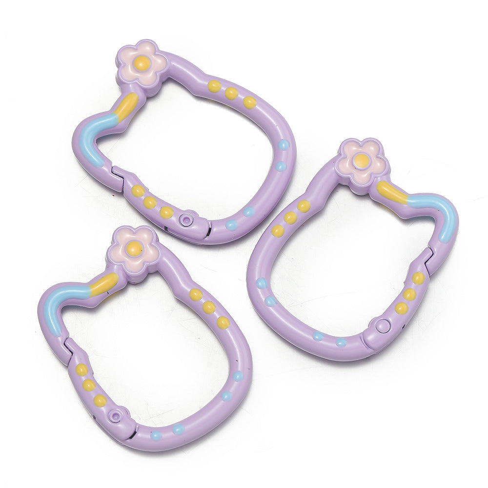 28*35mm HK Flower Head Alloy Painted Paint Kitty Cat Spring Chain Key Ring DIY Mobile Phone Pendant Bag Buckle Ring