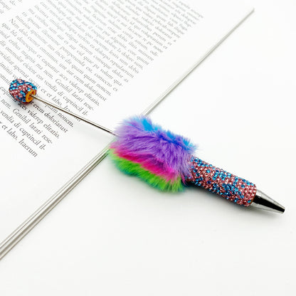 Leopard print hairball heavy industry bead pen DIY full diamond beaded ballpoint pen rainbow color cute plush pen spot wholesale