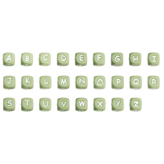 12 Mm Jasmine Green Background White Charactersd European and American English Alphabet Silicone Beads DIY Beaded Jewelry Bracelets Necklaces Food Grade Silicone Alphabet Beads Wholesale