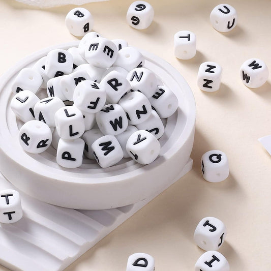 12 Mm Black Text on White Background European and American English Alphabet Silicone Beads DIY Beaded Jewelry Bracelets Necklaces Food Grade Silicone Alphabet Beads Wholesale