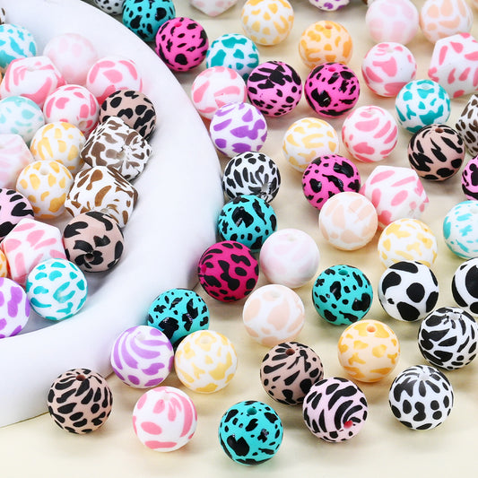 15Mm Cow Series Watermark Food Grade Silicone Round Beads Baby Toothpaste DIY Decorative Loose Beads Spot Wholesale
