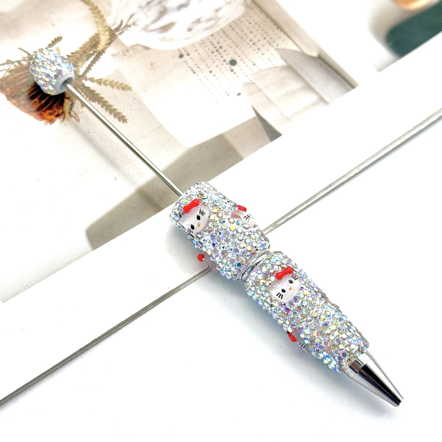 Beadable Clay Pens with Cute HK Kitten Head AB Rhinestones Covered the Entire Pen