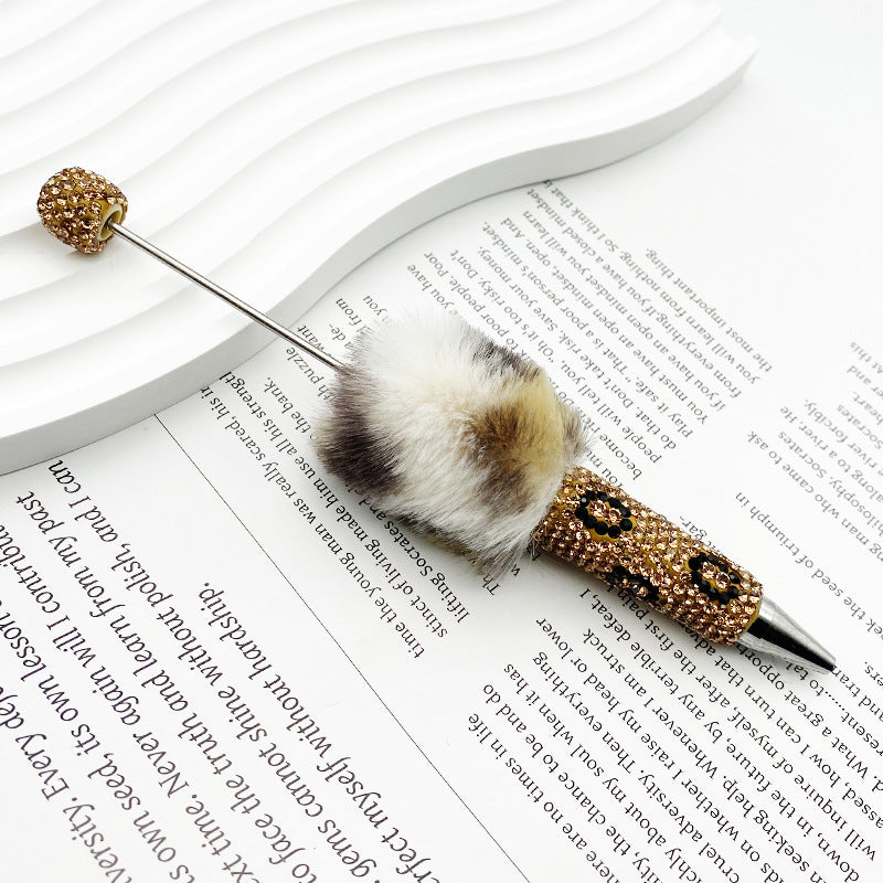 New creative DIY pom-pom bead pen, leopard print full diamond bead ballpoint pen, color cute cartoon pen wholesale