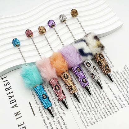 New creative DIY pom-pom bead pen, leopard print full diamond bead ballpoint pen, color cute cartoon pen wholesale