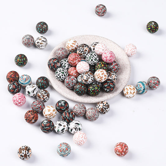 15mm new rhombus pattern silicone beads water transfer leopard print bracelet beaded jewelry silicone loose beads wholesale #51-79