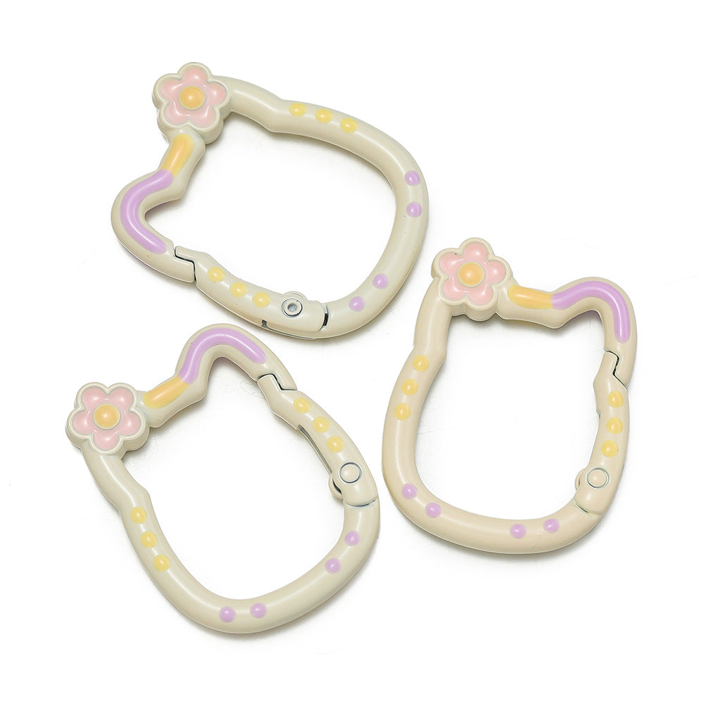 28*35mm HK Flower Head Alloy Painted Paint Kitty Cat Spring Chain Key Ring DIY Mobile Phone Pendant Bag Buckle Ring