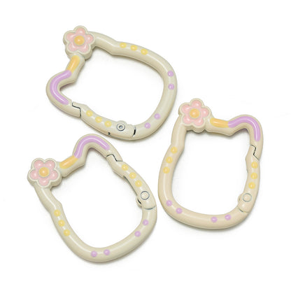 28*35mm HK Flower Head Alloy Painted Paint Kitty Cat Spring Chain Key Ring DIY Mobile Phone Pendant Bag Buckle Ring