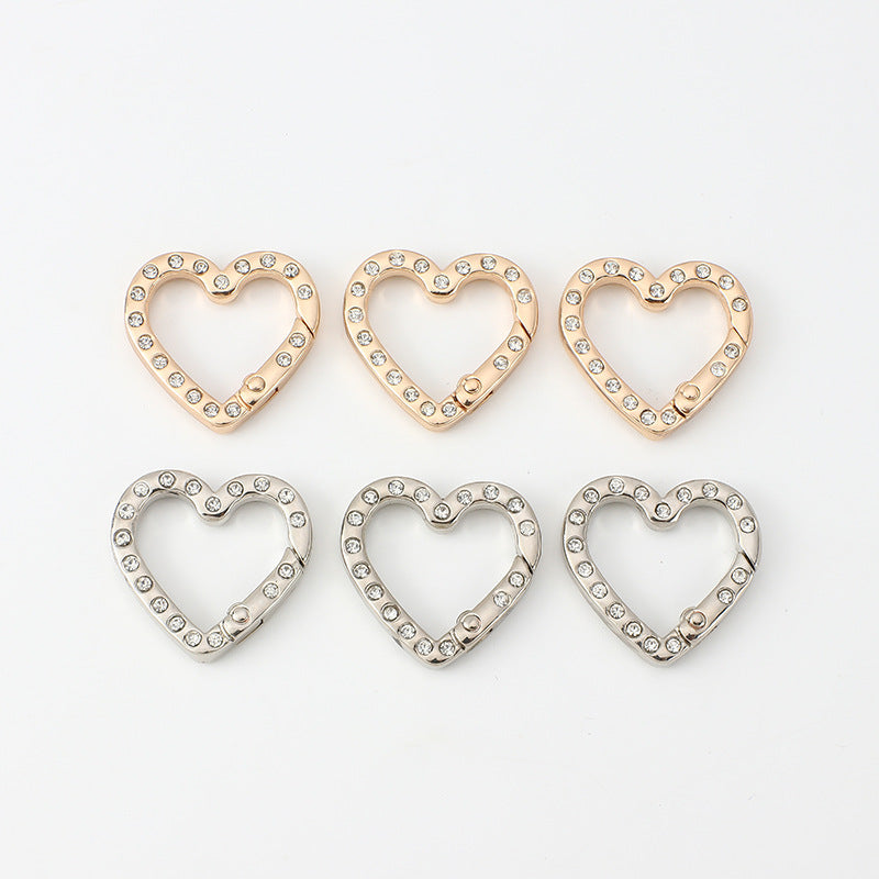 2.5 * 2.6Cm Double Side with Diamond Heart Metal Key Ring Alloy with Drill Love Spring Ring, Household Keychain Pendant Doll Bag Jewelry DIY Open Key Ring