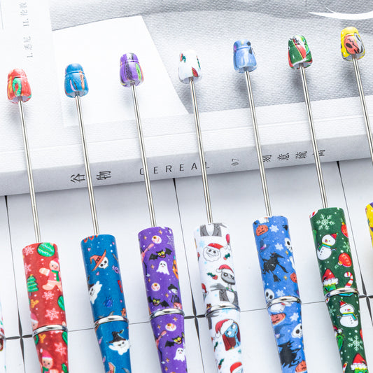 Cross-border new DIY plastic bead pen Christmas Halloween beaded ballpoint pen spot wholesale printing bead pen