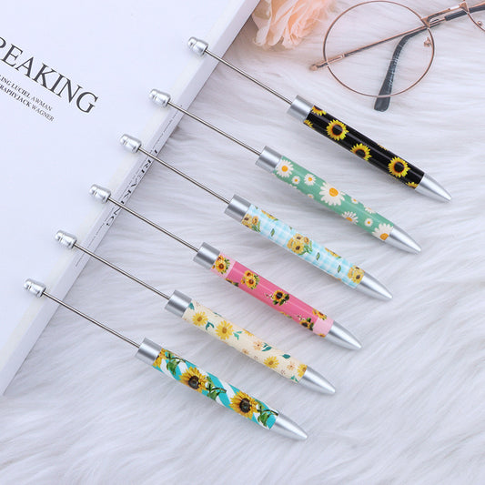 DIY long printed bead pen, national flag sunflower pattern creative cute grain bead pen plastic bead ballpoint pen