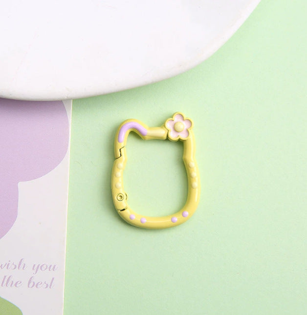 28*35mm HK Flower Head Alloy Painted Paint Kitty Cat Spring Chain Key Ring DIY Mobile Phone Pendant Bag Buckle Ring