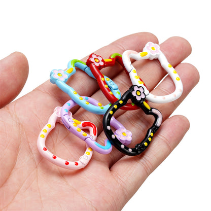 28*35mm HK Flower Head Alloy Painted Paint Kitty Cat Spring Chain Key Ring DIY Mobile Phone Pendant Bag Buckle Ring