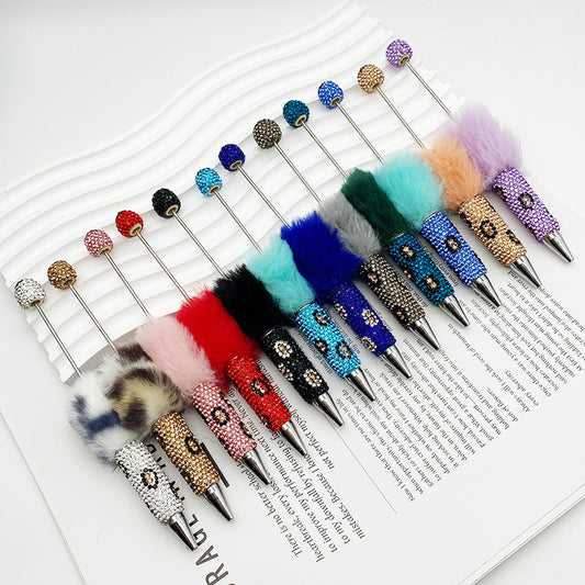 New creative DIY pom-pom bead pen, leopard print full diamond bead ballpoint pen, color cute cartoon pen wholesale