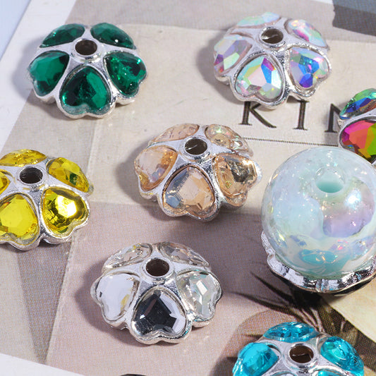 2025 New Random Mixed Color 15mm Heart-Shaped Diamond Alloy Rhinestone Flower Tray Color DIY Bead Spacer Mobile Phone Key Chain Necklace Bag Chain Accessories