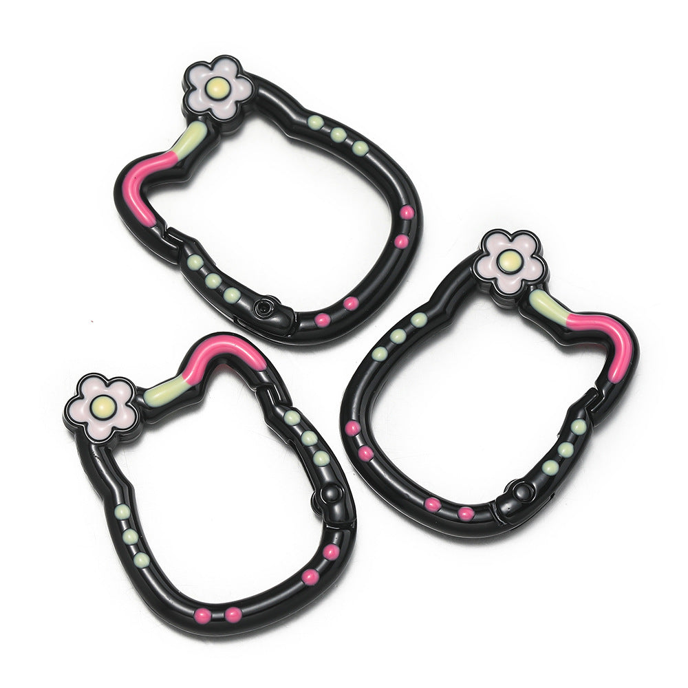28*35mm HK Flower Head Alloy Painted Paint Kitty Cat Spring Chain Key Ring DIY Mobile Phone Pendant Bag Buckle Ring