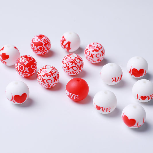 15mm Hot-selling New Valentine's Day Silicone Beads Printing Round Beads DIY Baby Toothpaste Anti-drop Chain Loose Beads Wholesale