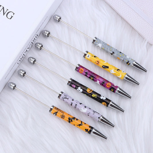 DIY Plastic Beadable Pens with Halloween Pumpkin Ghost Bat Spider Prints