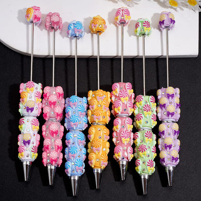 Clay Beadable Pens with Spiral Lollipop Candy, Bow & AB Rhinestones, Multi-Color