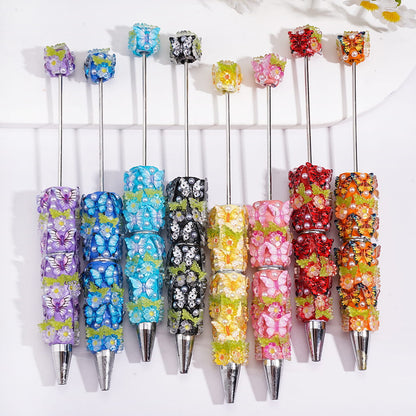Beadable Clay Pens with Vivid Butterfly, Floral Flowers and White Pearls