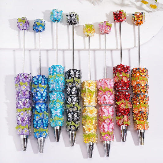 Beadable Clay Pens with Vivid Butterfly, Floral Flowers and White Pearls