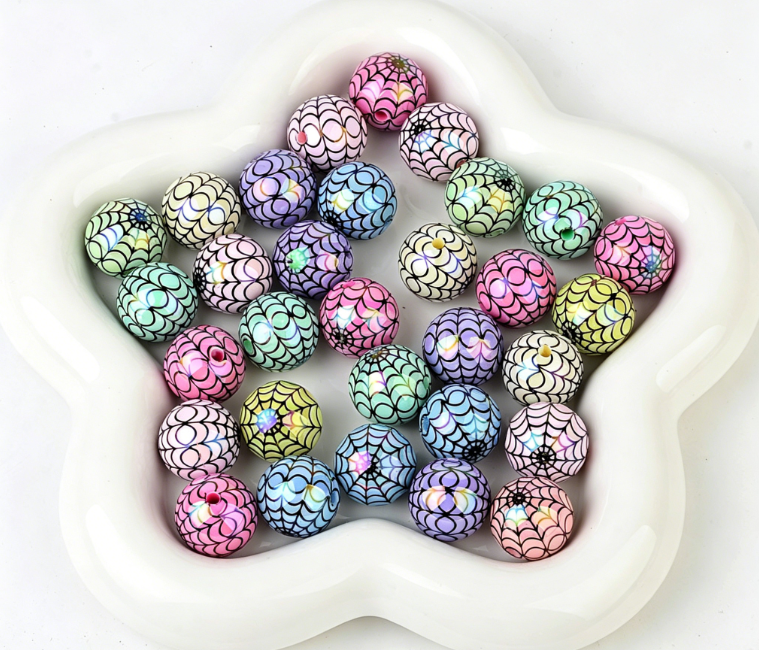 16mm acrylic rainbow-plated halloween spiderweb print round beads with straight hole for live streaming diy handmade beaded jewelry accessories