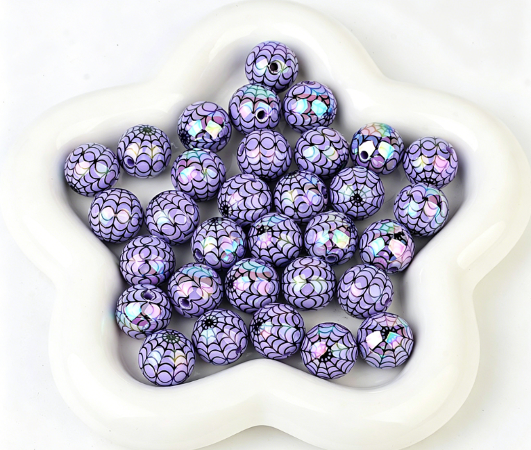 16mm acrylic rainbow-plated halloween spiderweb print round beads with straight hole for live streaming diy handmade beaded jewelry accessories