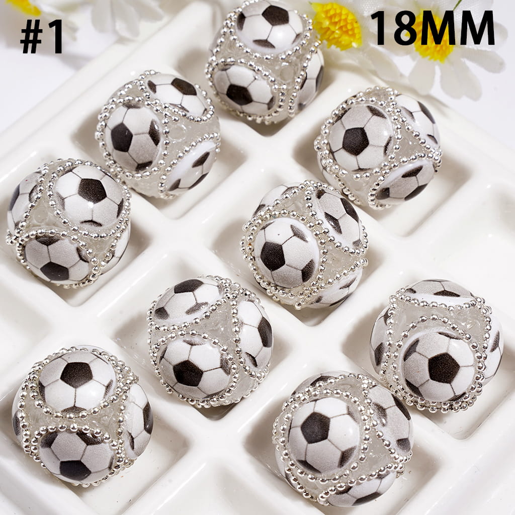 Hand-Made Acrylic Beads with Raised Sports Ball Design & Silver Metal Chain Design
