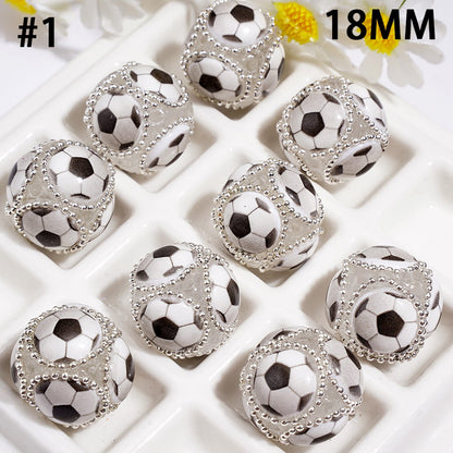 Hand-Made Acrylic Beads with Raised Sports Ball Design & Silver Metal Chain Design