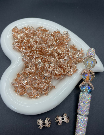 Micro-Inlaid Cubic Zirconia Flower Cup & Hollow-Out Double Bowknot - DIY Jewelry Supplies for Bracelets, Necklaces, Spacer Beads & Crystal Beads