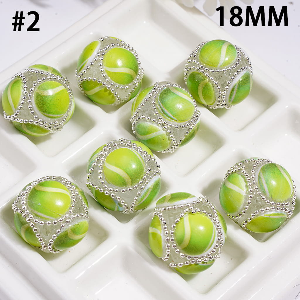 Hand-Made Acrylic Beads with Raised Sports Ball Design & Silver Metal Chain Design