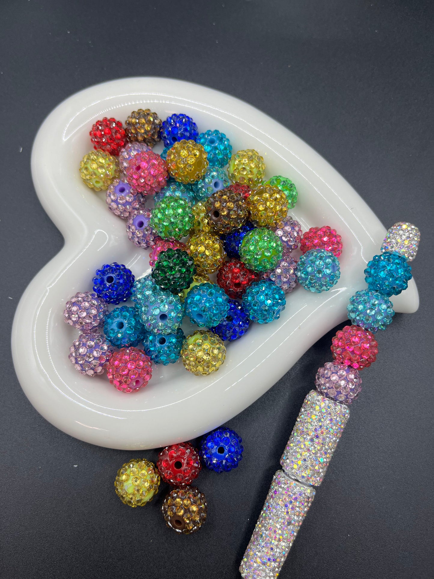 16mm Sizes Straight-Hole AB Color Polymer Clay Shambhala Beads - Double-Hole Loose Beads, Rhinestone Balls & White/Blue Beading for Bracelets