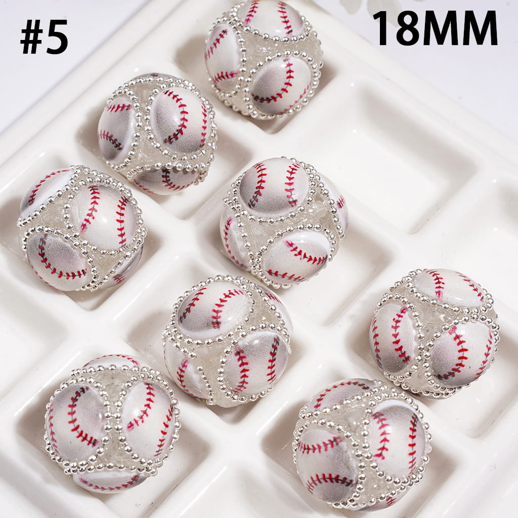Hand-Made Acrylic Beads with Raised Sports Ball Design & Silver Metal Chain Design
