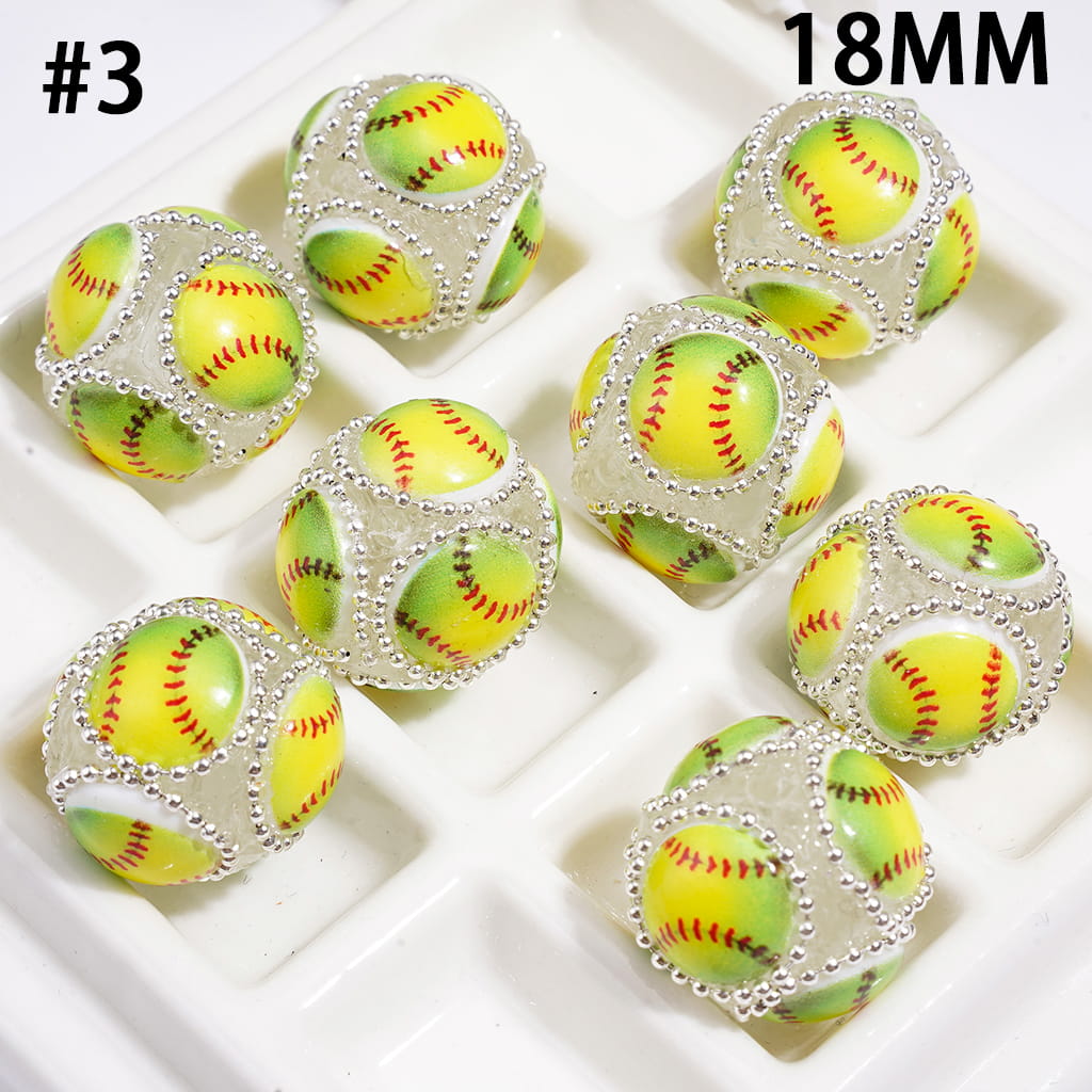 Hand-Made Acrylic Beads with Raised Sports Ball Design & Silver Metal Chain Design