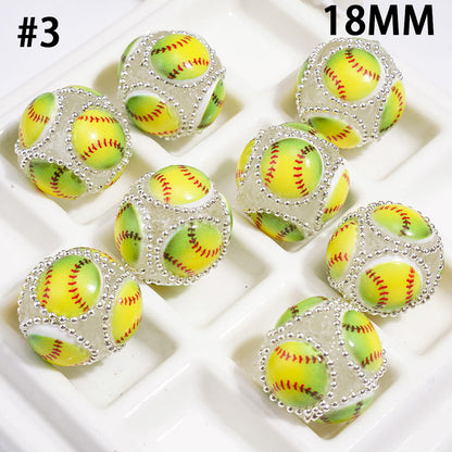 Hand-Made Acrylic Beads with Raised Sports Ball Design & Silver Metal Chain Design