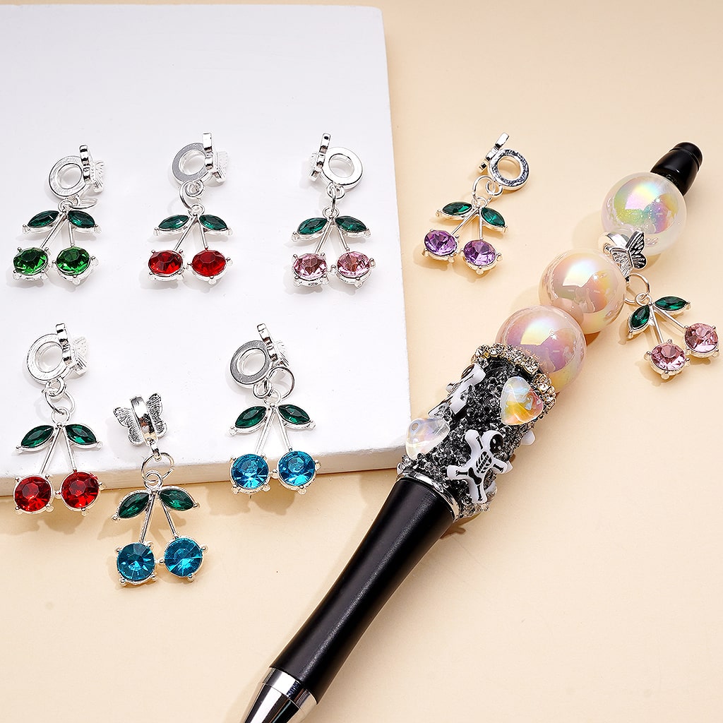 Silver Color Metal Bail Beads with Dangle Charm Pendant Jewelry Accessories with Butterfly & Cherry Rhinestones