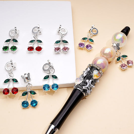 Silver Color Metal Bail Beads with Dangle Charm Pendant Jewelry Accessories with Butterfly & Cherry Rhinestones