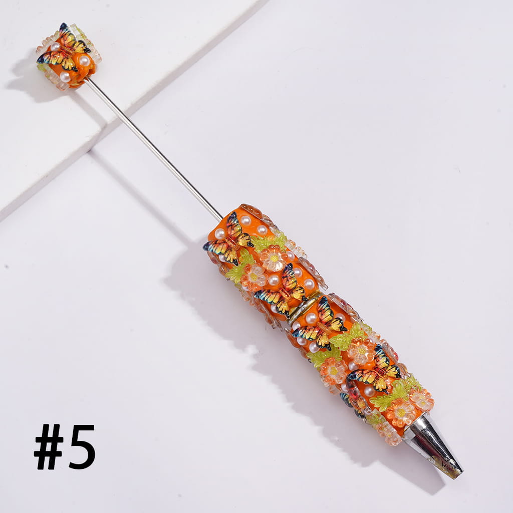 Beadable Clay Pens with Vivid Butterfly, Floral Flowers and White Pearls
