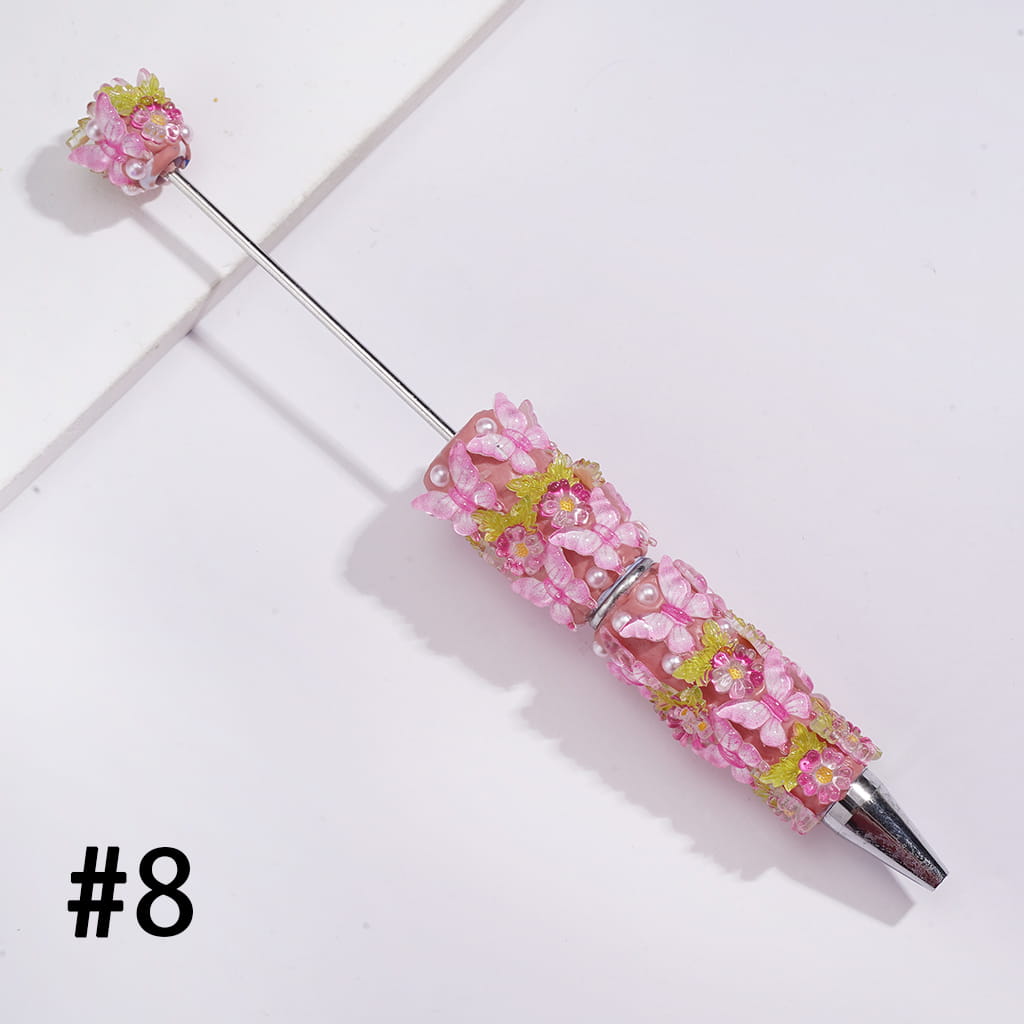 Beadable Clay Pens with Vivid Butterfly, Floral Flowers and White Pearls