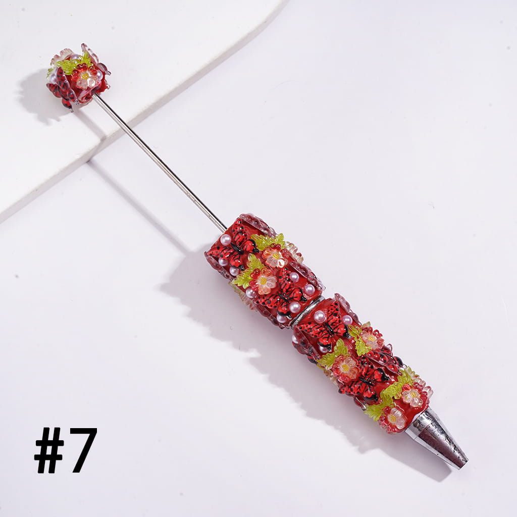 Beadable Clay Pens with Vivid Butterfly, Floral Flowers and White Pearls