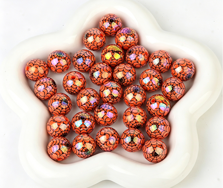 16mm acrylic rainbow-plated halloween spiderweb print round beads with straight hole for live streaming diy handmade beaded jewelry accessories