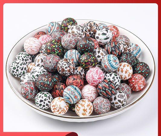 15mm new rhombus pattern silicone beads water transfer leopard print bracelet beaded jewelry silicone loose beads wholesale
