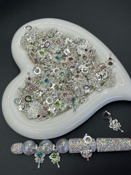 Sweet and Stylish Silver Diamond-Inlaid Heart & Scepter-Shaped Spacer Bead Accessories - DIY Jewelry Supplies for Beading Pens, Collarbone Chains, Bracelets & Earrings