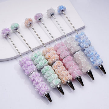 Beadable Pen Covered by Shiny Glitter Flowers White Pearls